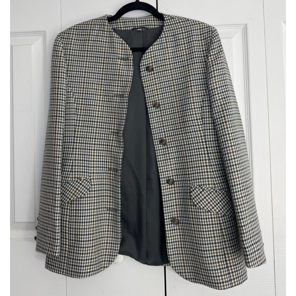 EdinBurgh Collarless Houndstooth Blazer Jacket Womens 10 Gray Navy Plaid‎ Casual